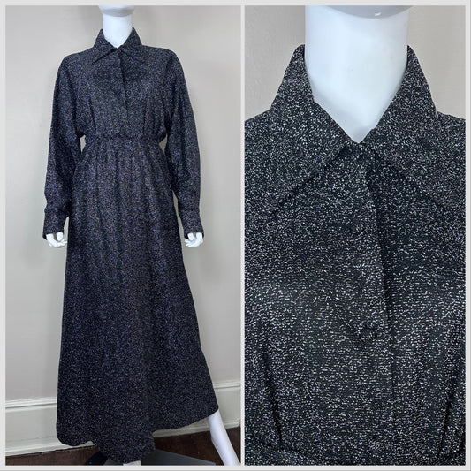 1970s Black and Silver Sparkle Long Sleeve Shirt and Maxi Skirt Set, A Royal Blouse Size XL-XXL