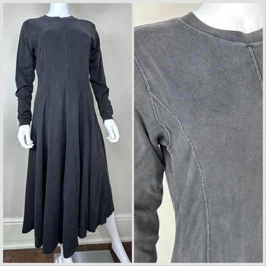 1990s Faded Black Long Sleeve Knit Midi Dress with Full Sweep, FADS Size Medium-Large