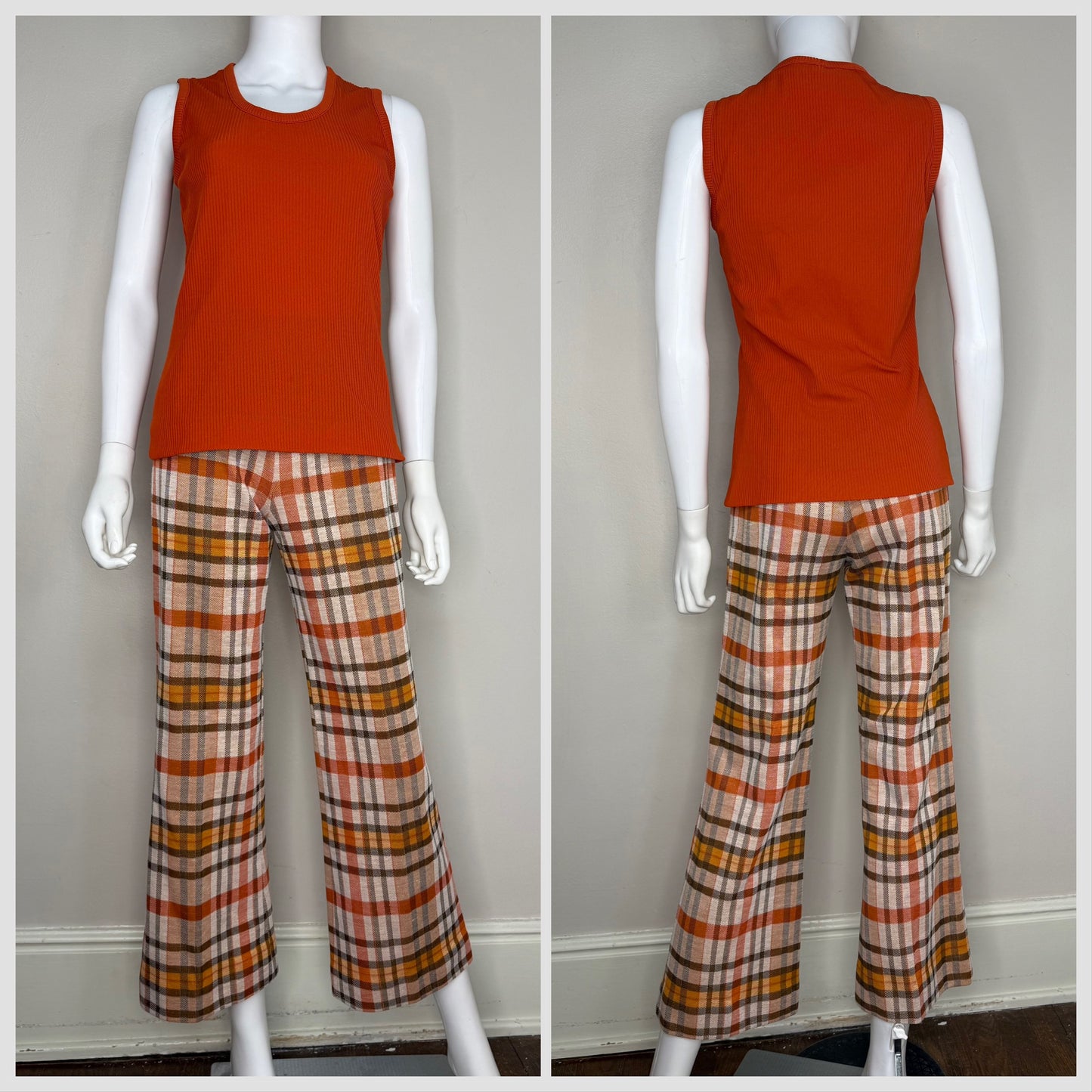 1970s Women’s Plaid Double Knit Pant Suit, Vest Top and Pants set, Peck & Peck for Act III Size Small