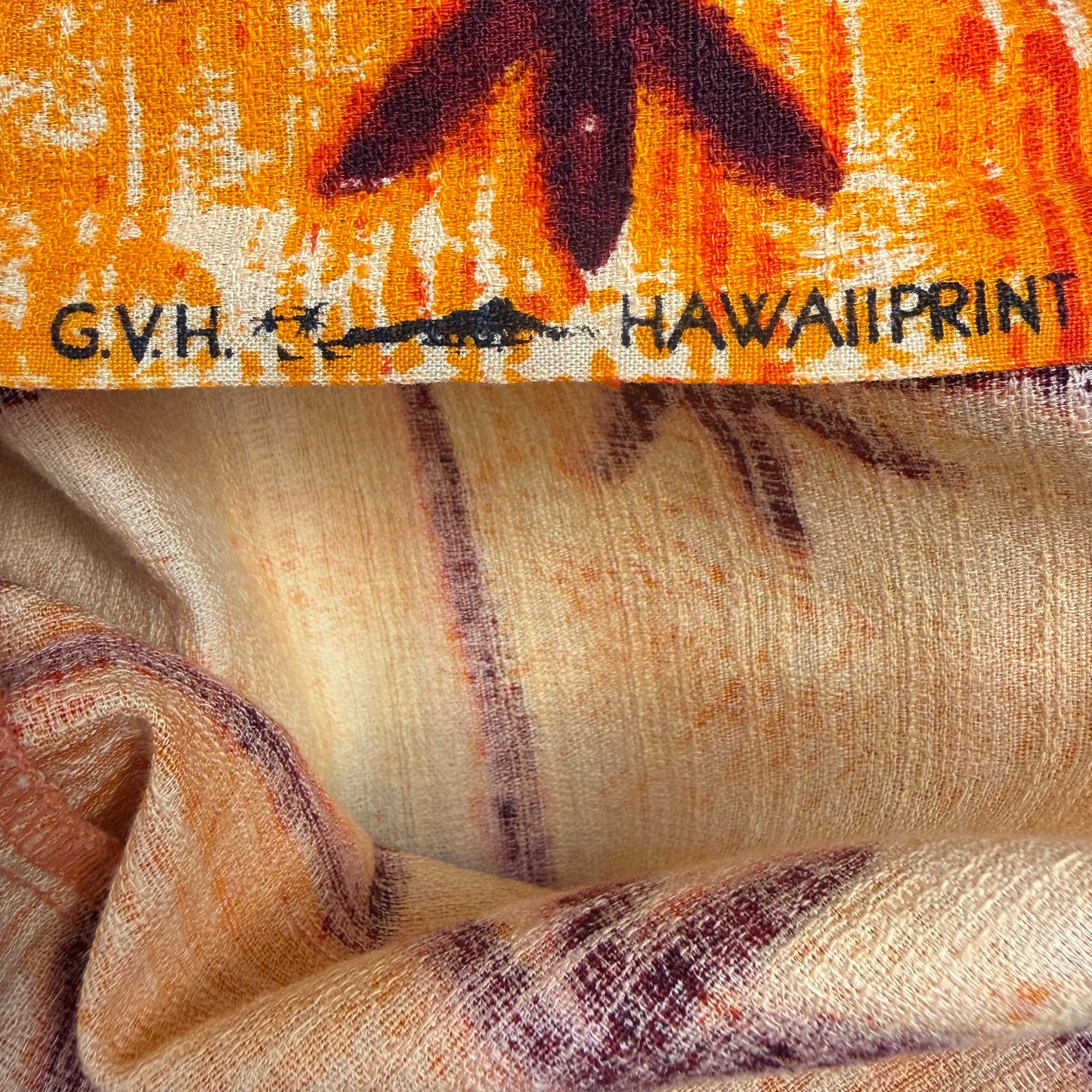1960s Hawaiian Shirt, Orange Tiki Print Cotton Barkcloth, Waltah Clarke’s Size S/M