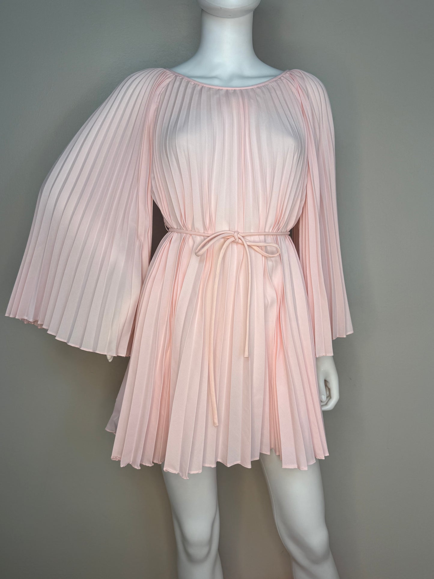 1960s Pastel Pink Pleated Mini Dress and Palazzo Pants Set, Bell Sleeves, Extra Wide Legs, Size XS-Small