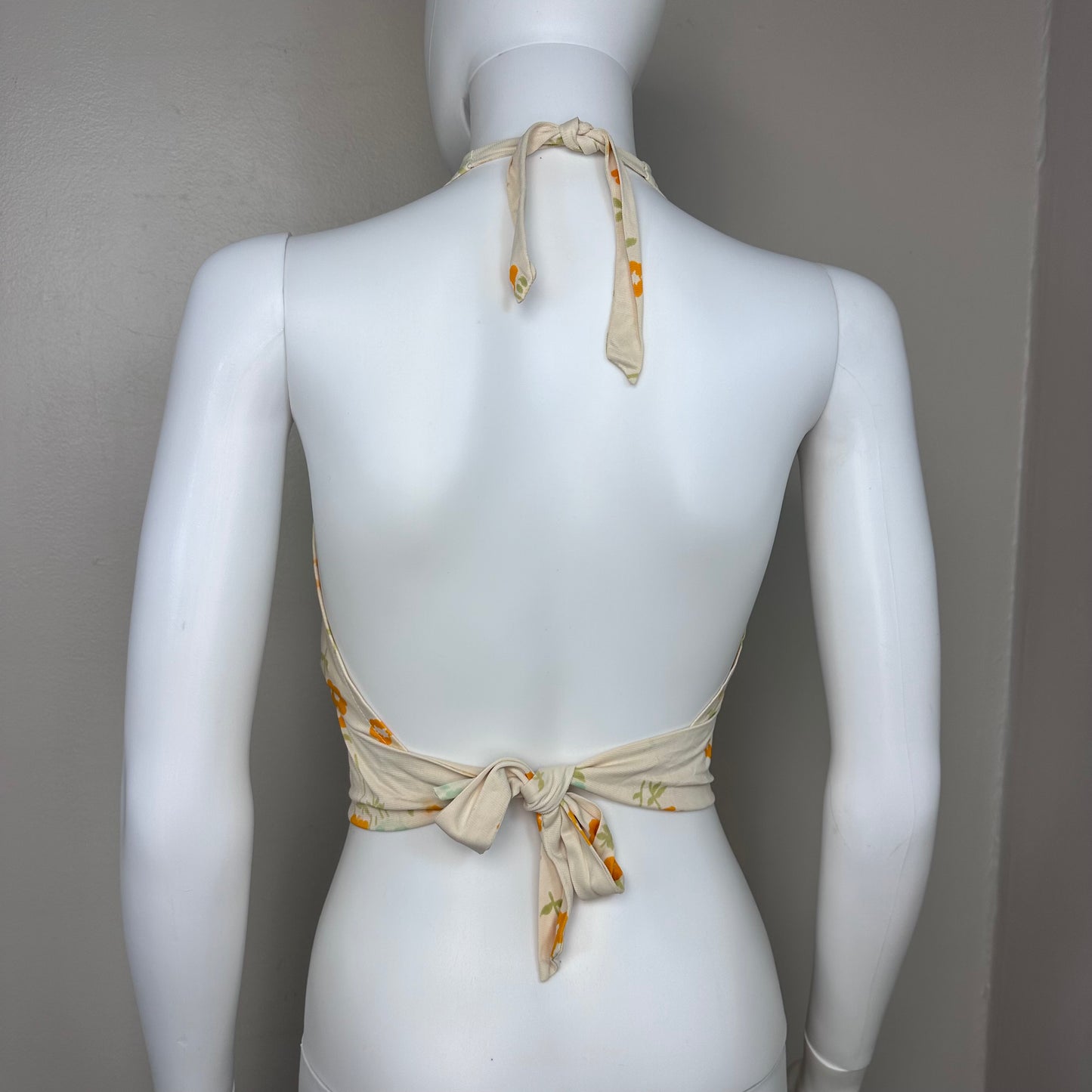 1970s Floral Cropped Halter Top, Back Tie, Fritzi of California Size Small-Medium