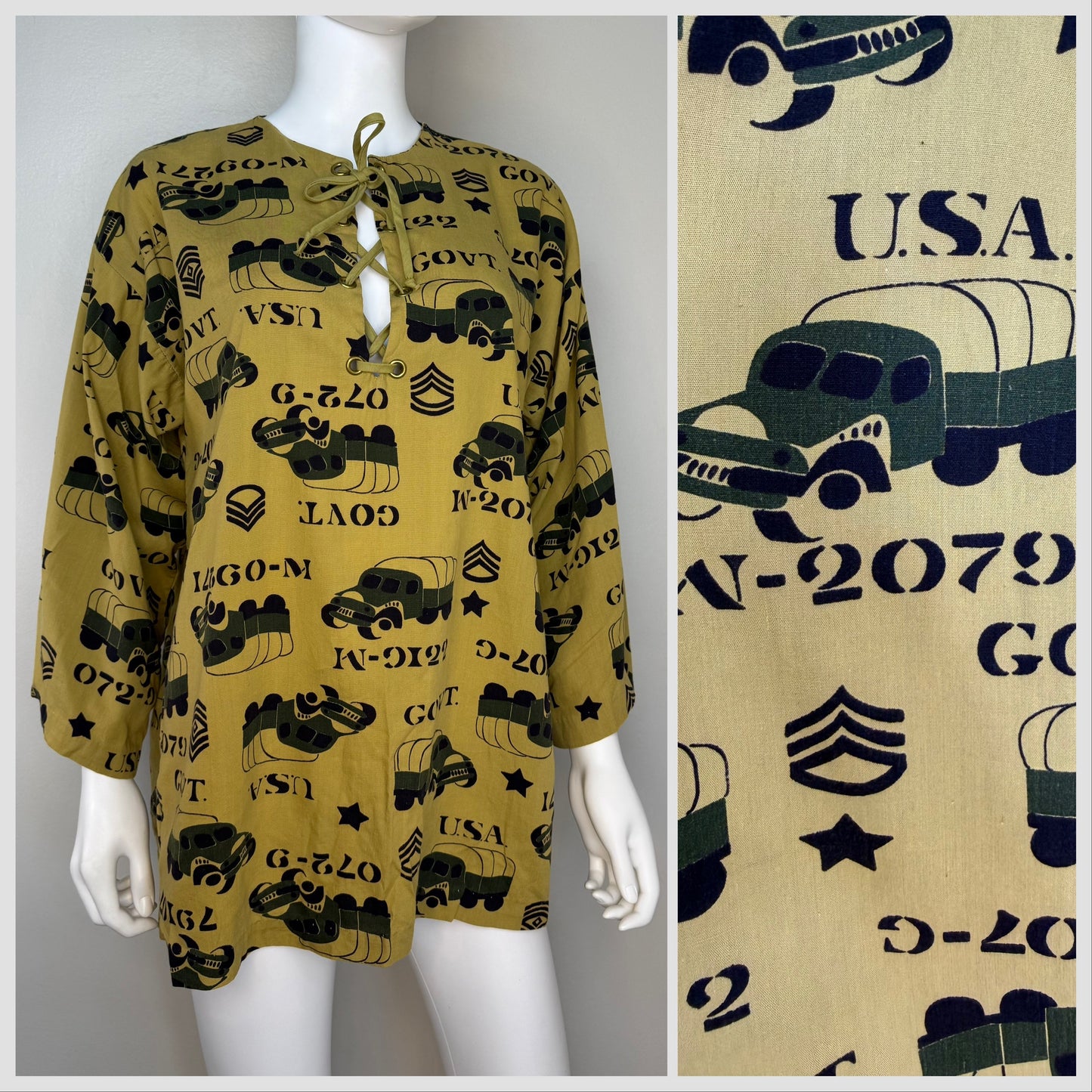 1960s USA Military Tank Print Tunic, Micro Mini Dress, Lace Up, Miss Fashion Size Large, Vietnam War Era Hippie