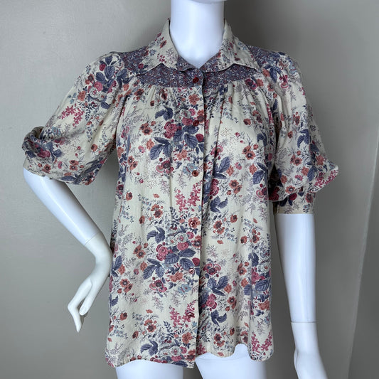 1970s Brown Mixed Floral Blouse, Size Medium