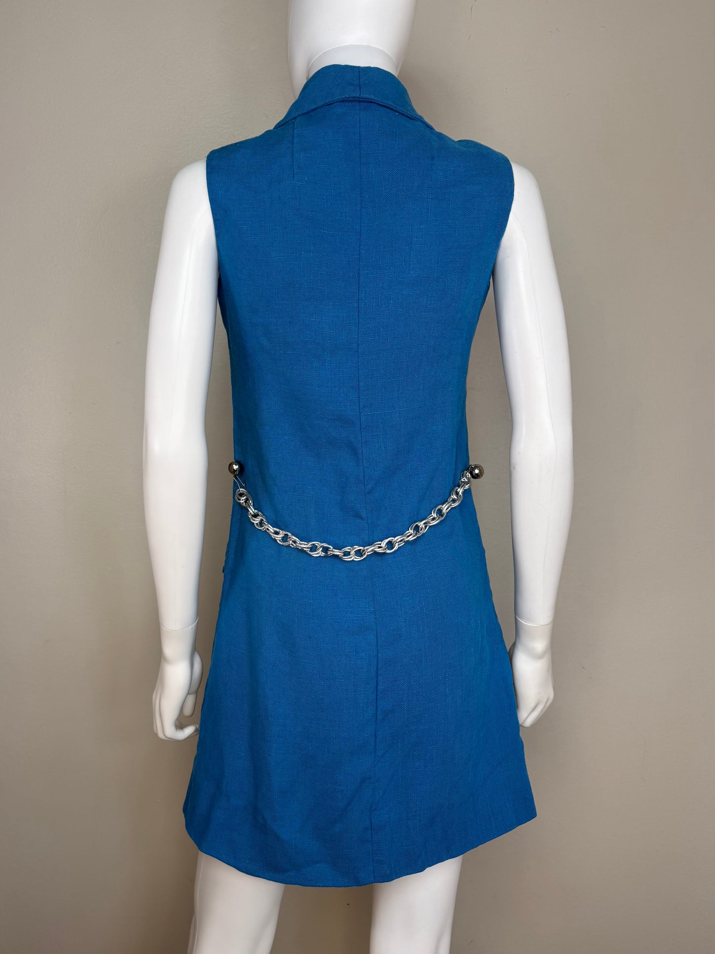 1960s Blue Mod Sleeveless Mini Dress with Silver Buttons and Chain Belt, Size XS