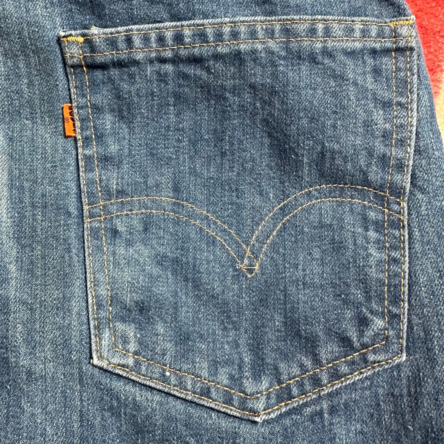 1970s Levi’s 684 Blue Jeans Bell Bottoms, 32"x28.5", Sun Faded, Orange Tab