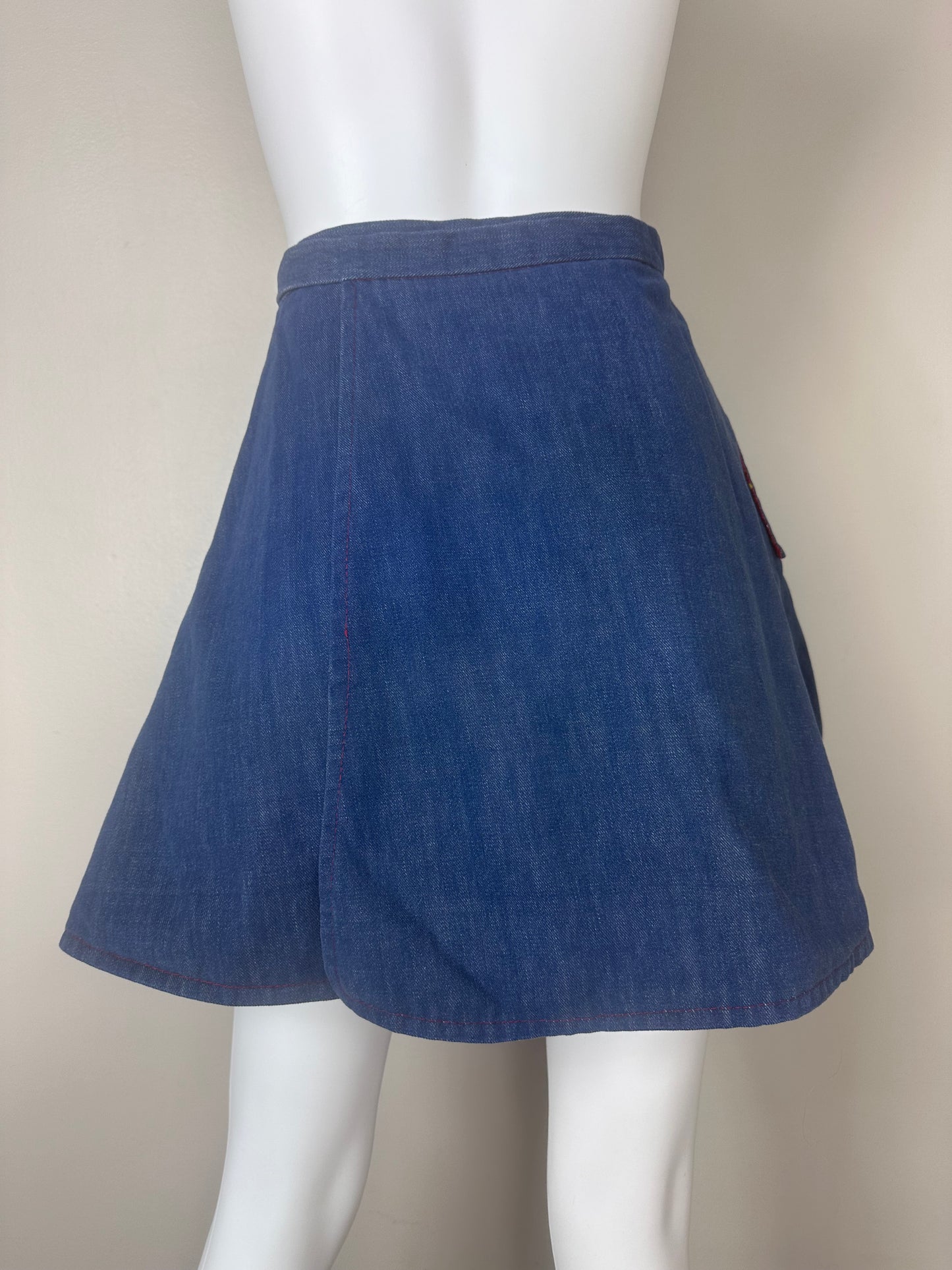 1970s Reversible Denim Wrap Mini Skirt, Floral Print, Handmade Size XXS-XS