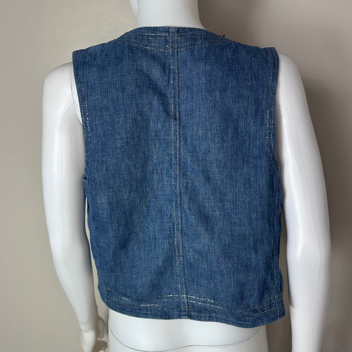 1970s Denim Vest with Gold Metallic Thread Accents, Size X-Small