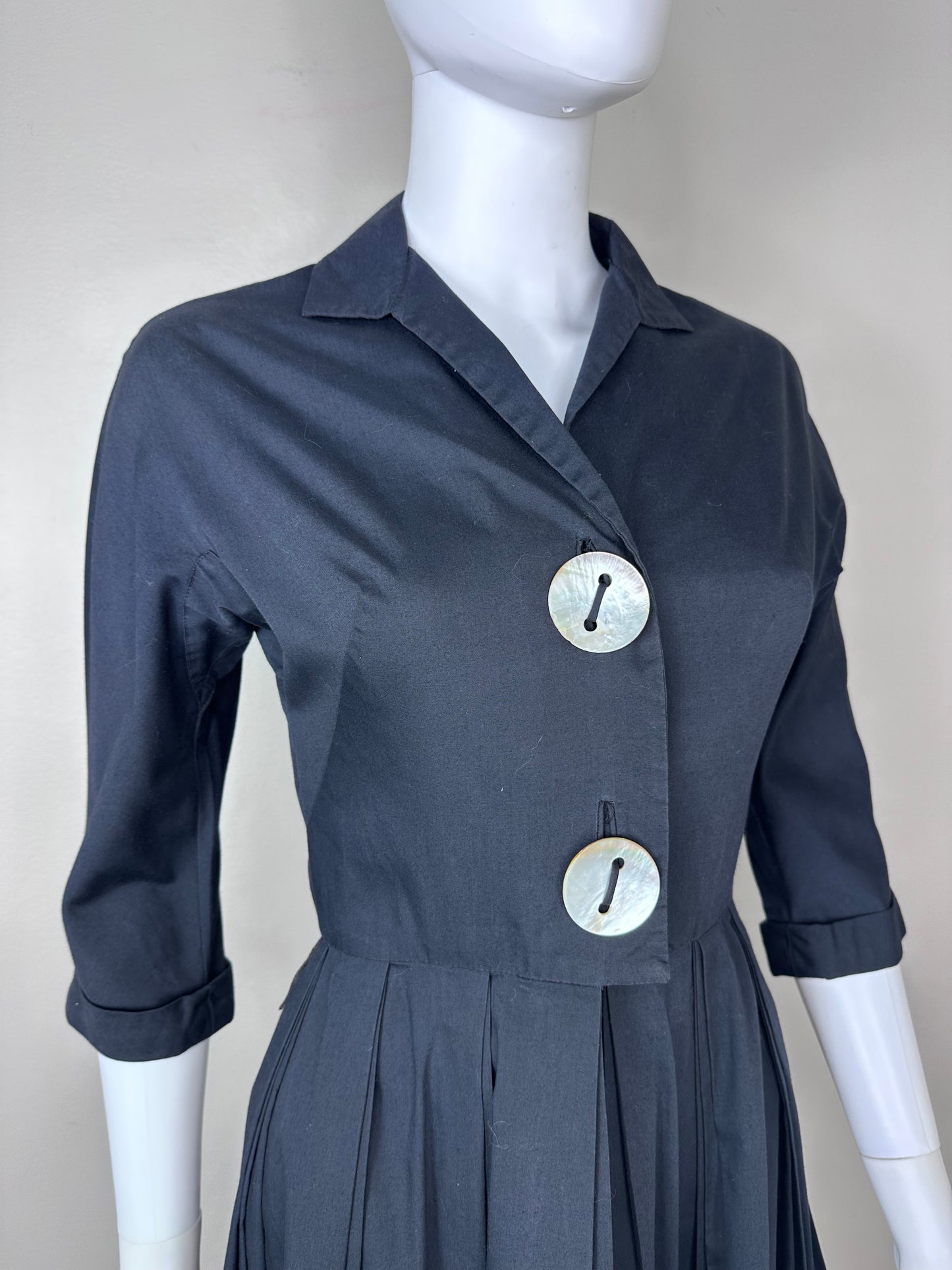 1950s Black Fit and Flare Shirt Dress with Giant Buttons, L’Aiglon Size XS