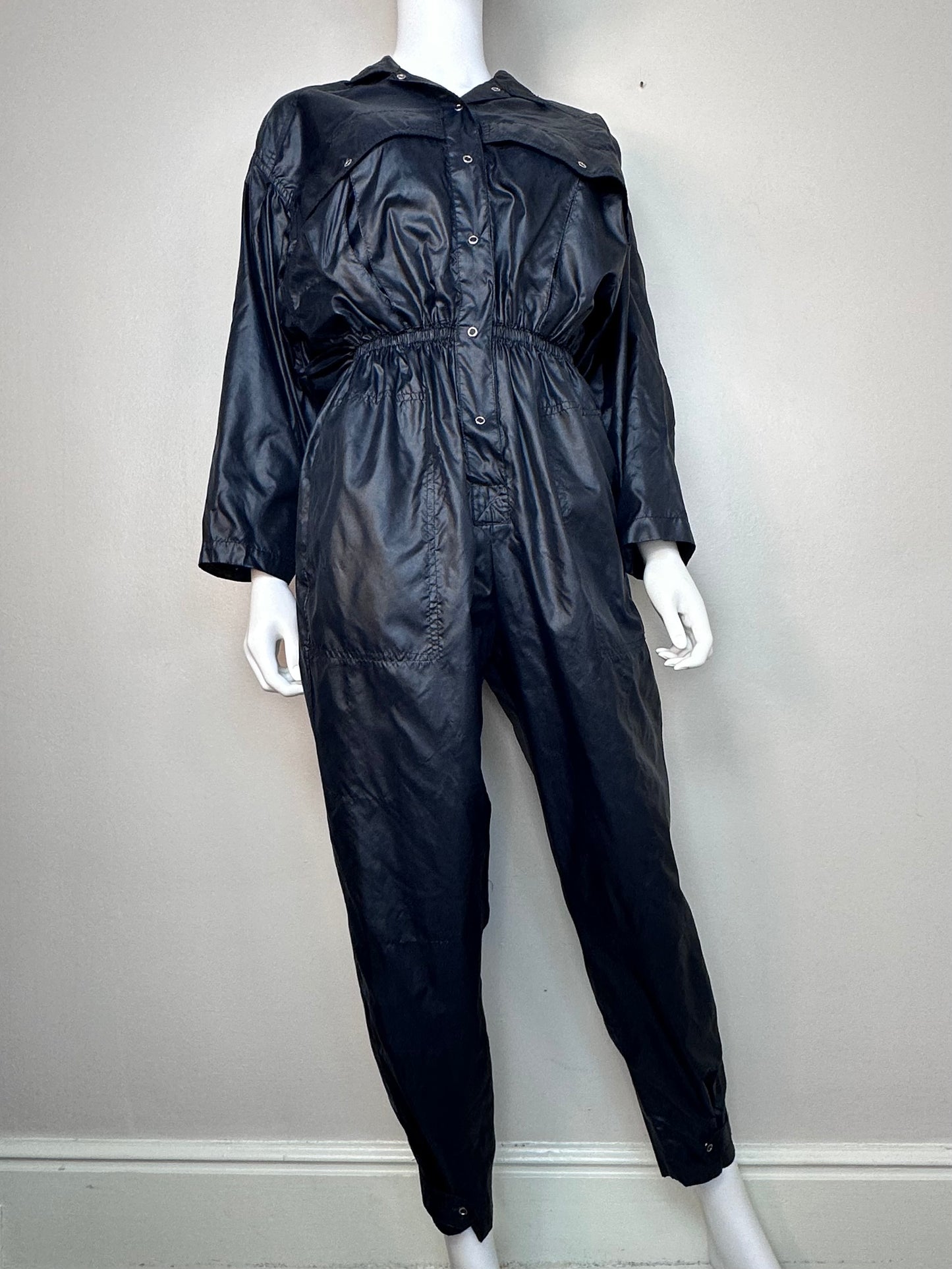 1980s Shiny Black Parachute Jumpsuit, Size Small-Medium