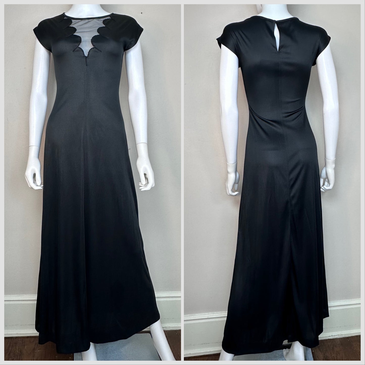 1970s Vampy Black Maxi Dress with Scalloped Sheer Panel, Young Innocent by Arpeja Size XXS