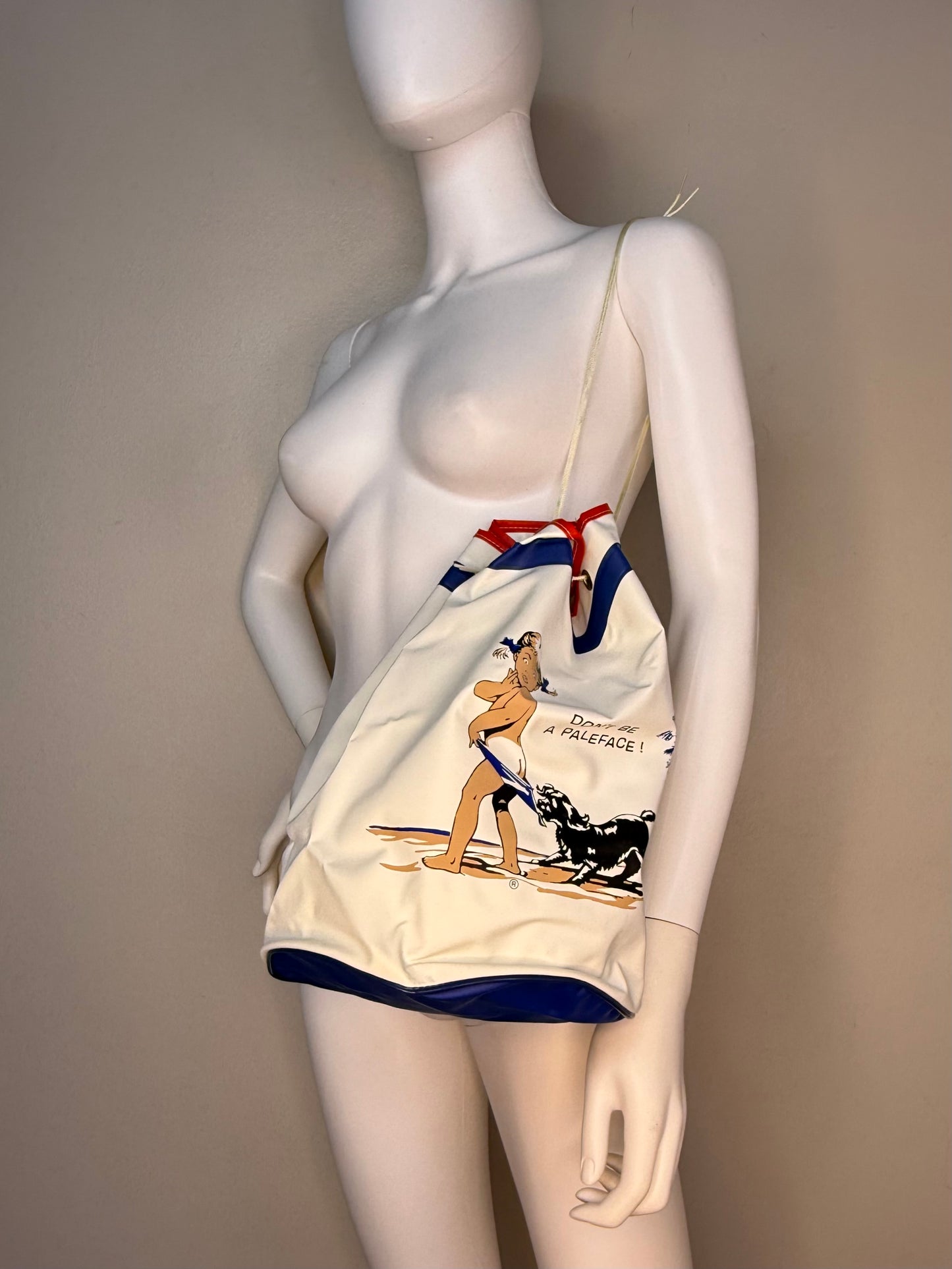 1970s Coppertone Sunscreen Beach Bag, Don’t be a Pale Face, 1972 Summer Olympics Promo, Robert Manufacturing, Pool Tote