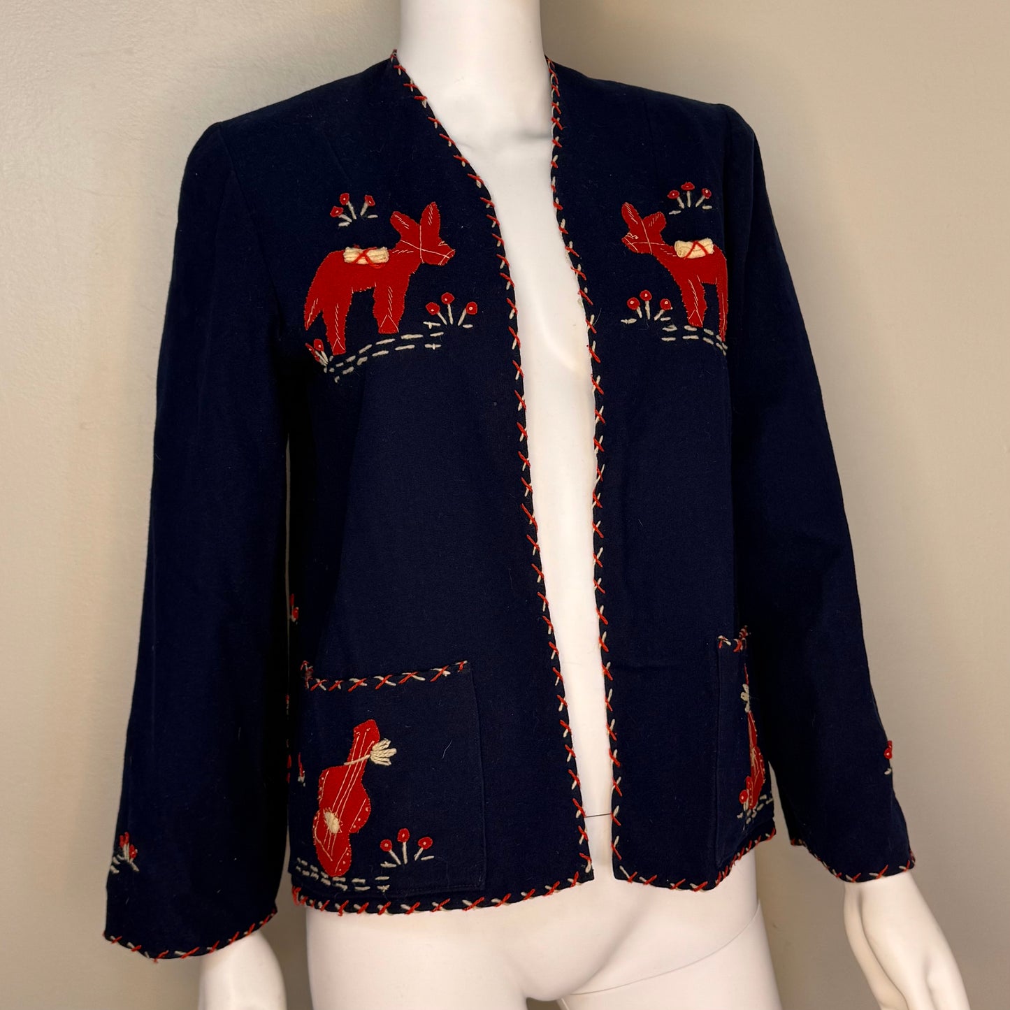1940s Navy Blue Embroidered Mexican Tourist Jacket, Size Small
