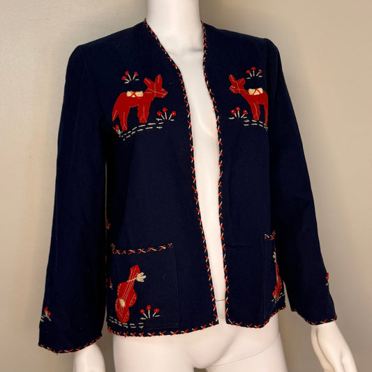 1940s Navy Blue Embroidered Mexican Tourist Jacket, Size Small