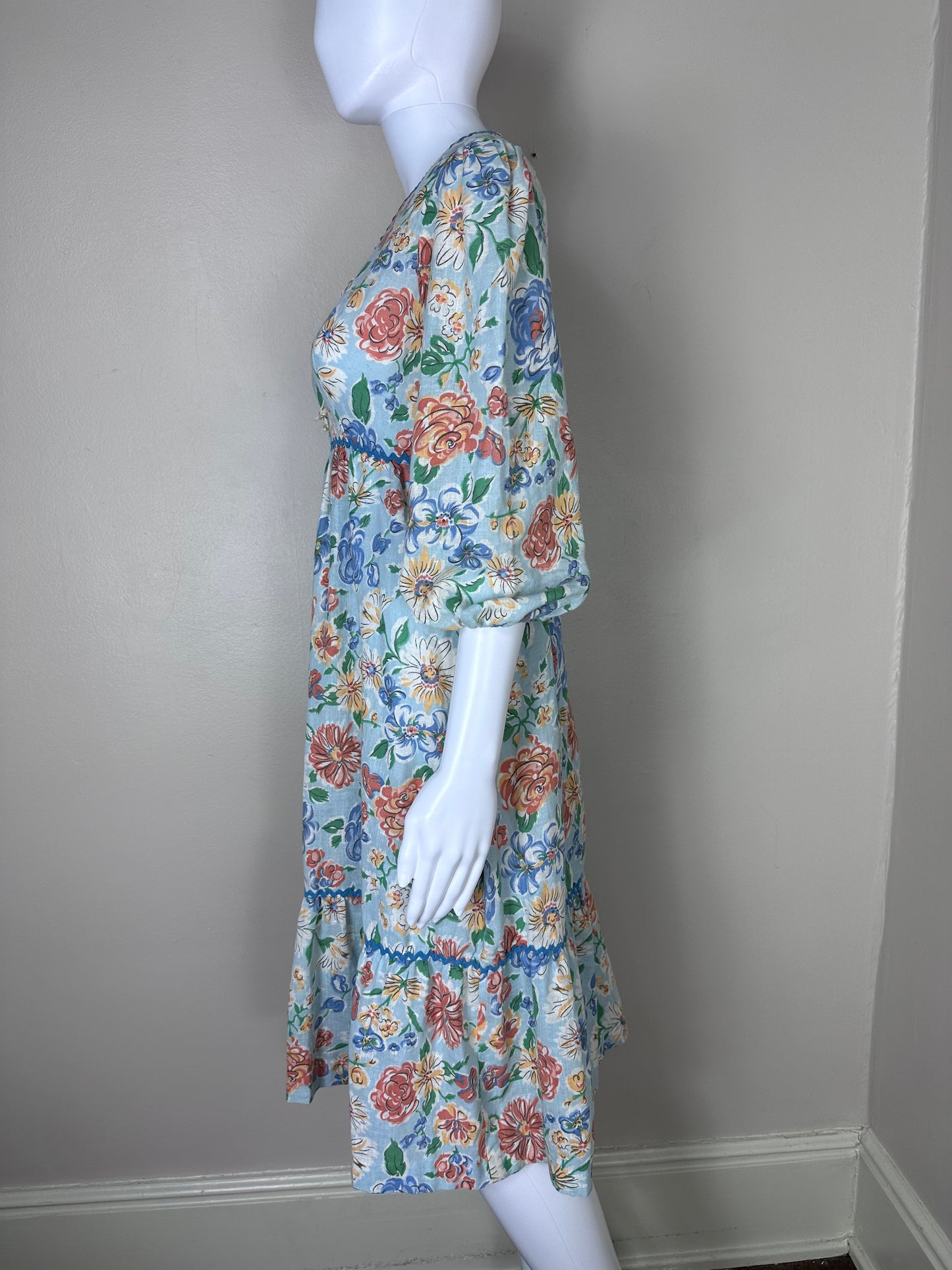 1970s Blue Floral Midi Dress, Prairie Peasant