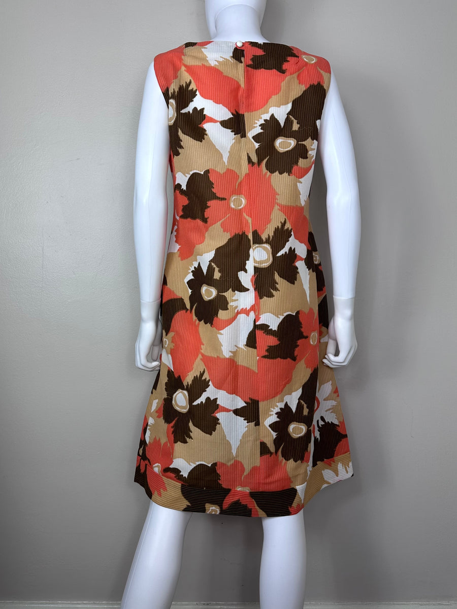 1960s/70s Orange and Brown Floral Dress, Trevira 2000 Size Large ...