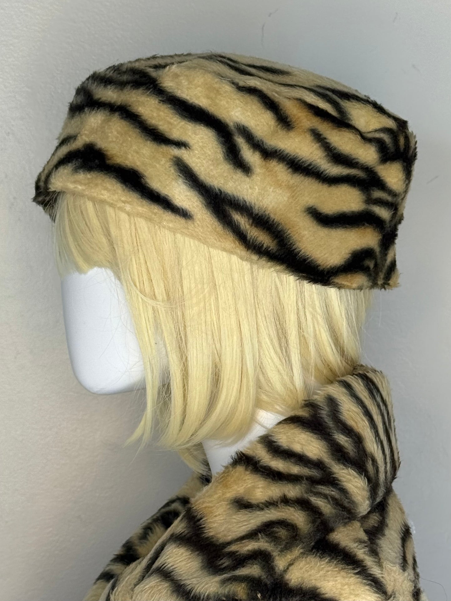 1960s Tiger Print Faux Fur Coat and Hat Set, Handmade Size Medium-Large