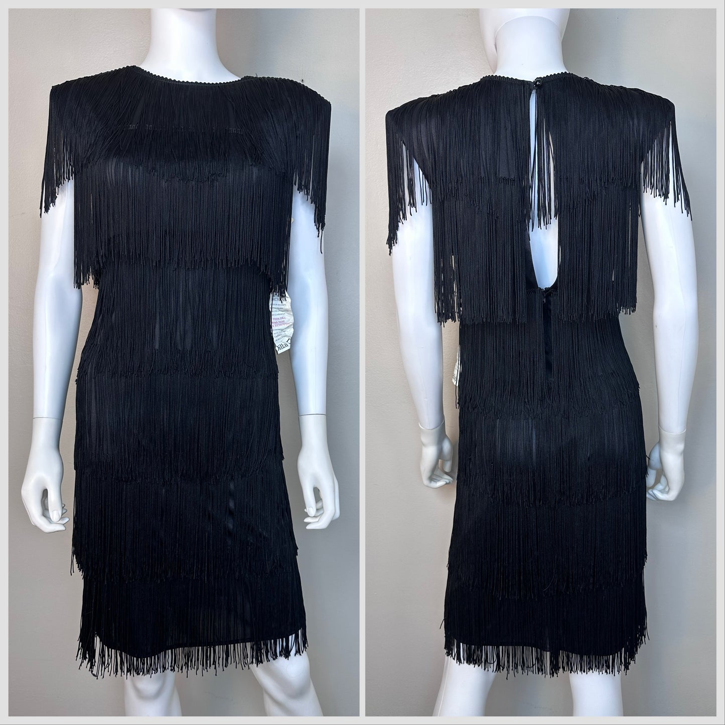 1990s Black Fringe Dress, HW Collections Size XS-Small, Deadstock with Tags