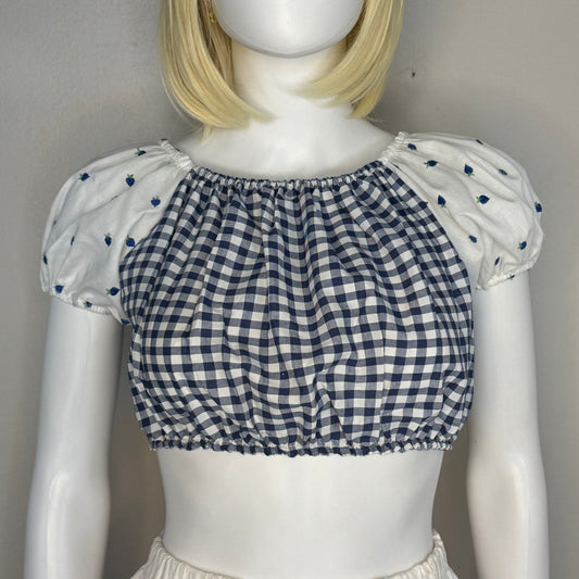 1970s Blue Gingham Cropped Blouse with Embroidered Puff Sleeves, Baar & Beards Size XS