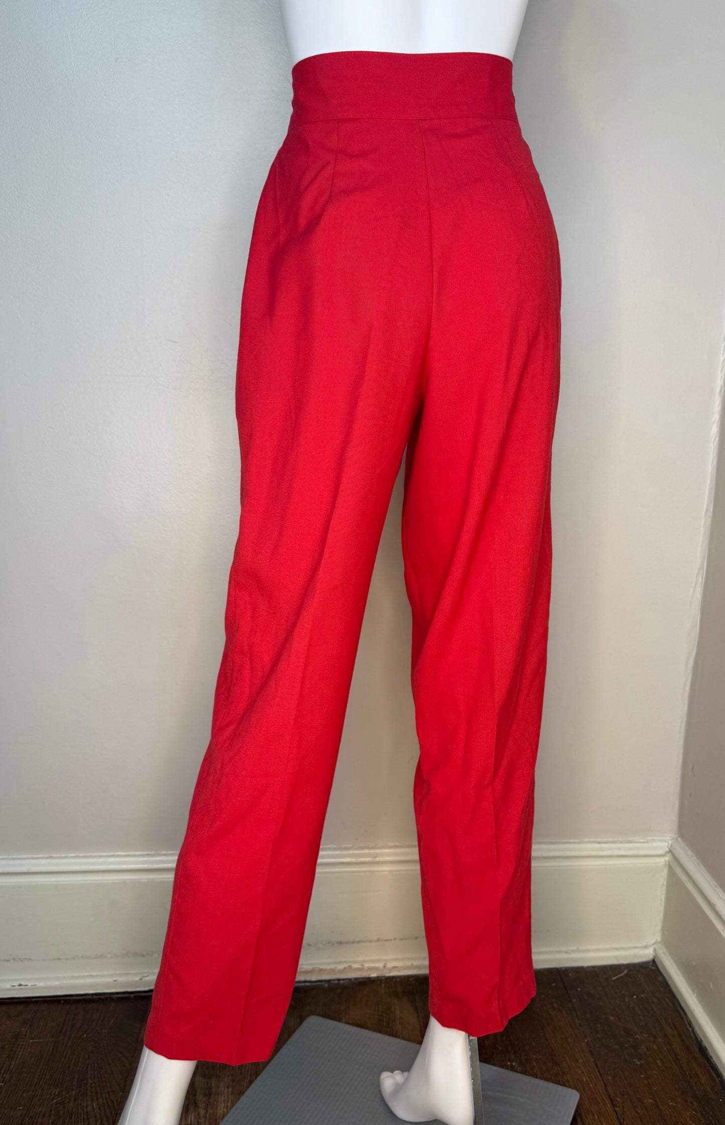1980s Red Pleated Pants, High Rise, Wide Waistband, Tapered Leg, 27"x28"