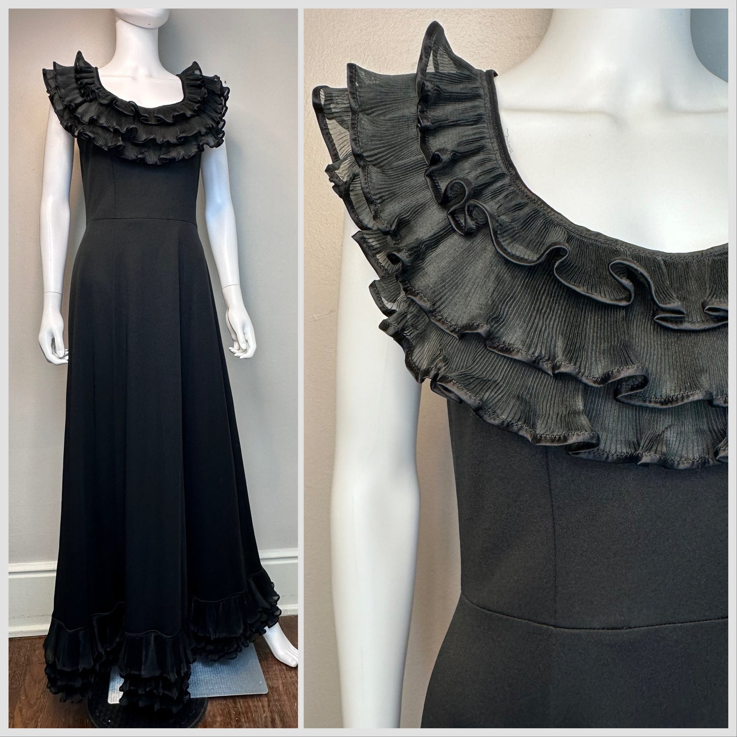 1970s Black Maxi Dress with Ruffle Neck, Jack Hartley Size Medium