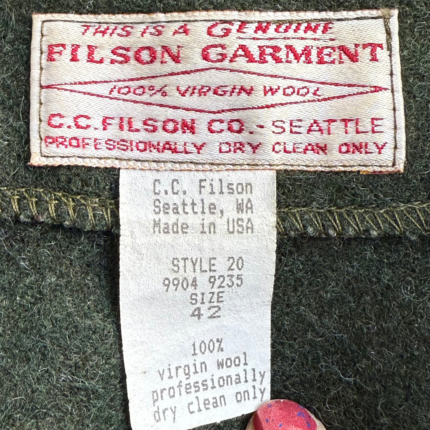 1990s Filson Green Wool Vest, Style 20, C.C. Filson Co Size 42
