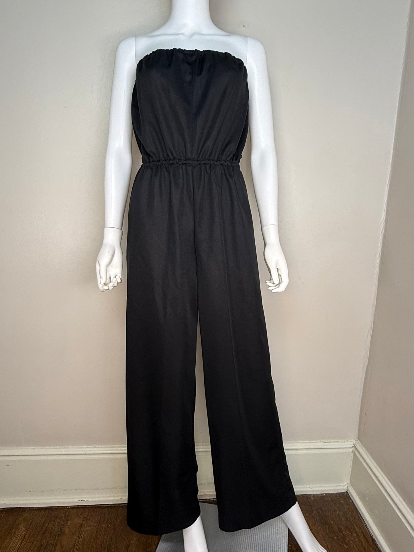 1970s Black Strapless Jumpsuit, Handmade Size Small/Medium