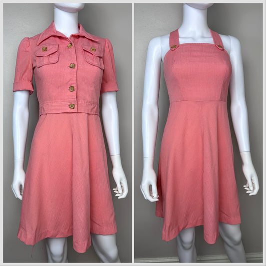 1970s Coral Pink Sundress and Short Sleeve Jacket Set, Size XS, 70s does 40s Dress Suit