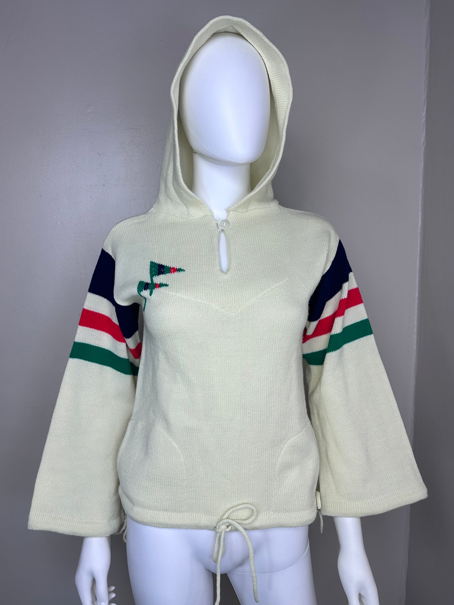 1970s Hooded Sweater with Striped Sleeves, Size XS