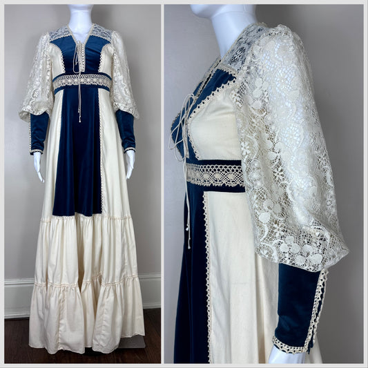 1970s Gunne Sax Dress, Size 7, XS, Romantic Renaissance, Blue Velvet