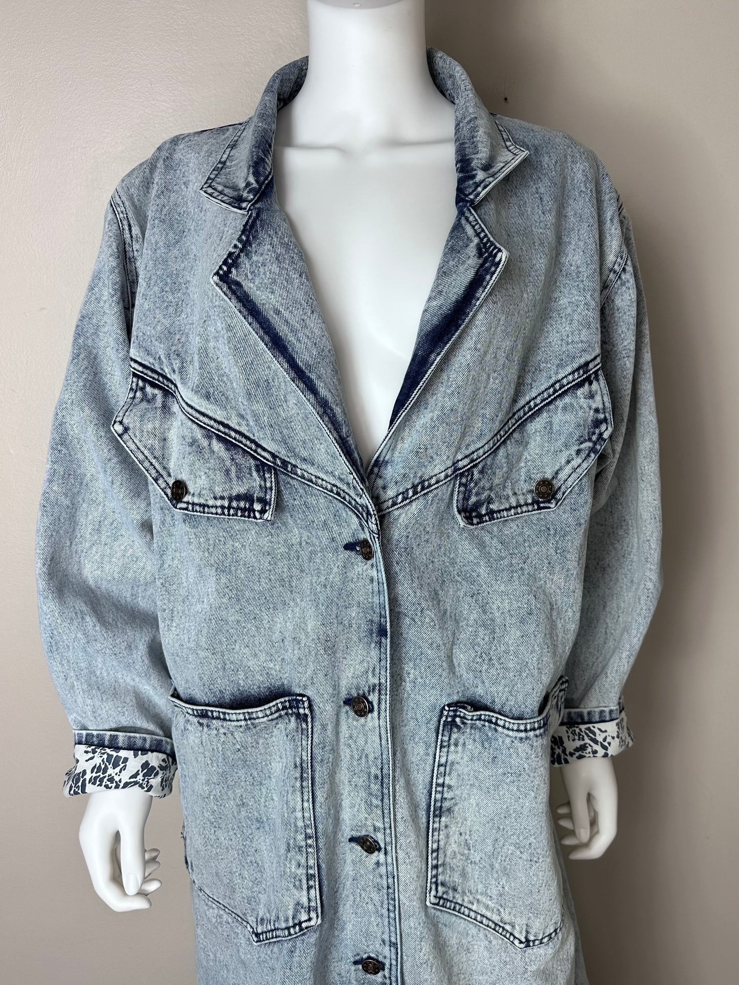 1980s Acid Wash Denim Full Length Coat, California Gold Rush Size Large