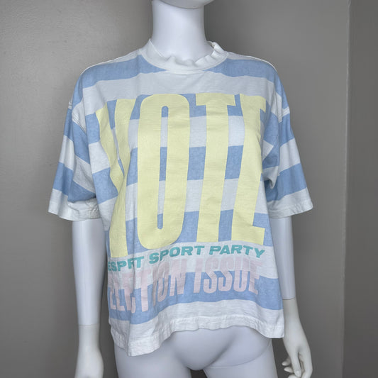 1980s Vote Esprit Sport Party Election Issue T-Shirt, Size Medium, Blue and White Stripe, Oversized and Cropped