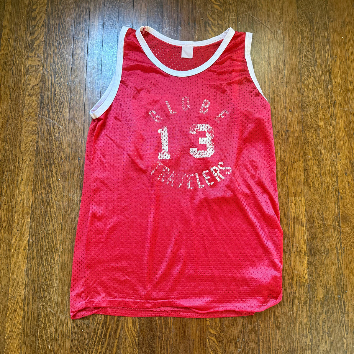 1970s/80s Red Mesh Basketball Jersey Tank Top, Size Medium, Globe Travelers No 13, Distressed