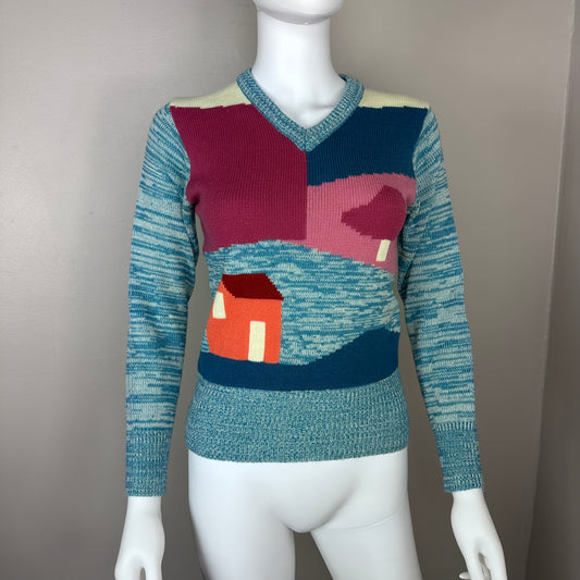 1970s Novelty Intarsia Space Dye Sweater, Majestic Knitwear Size Small