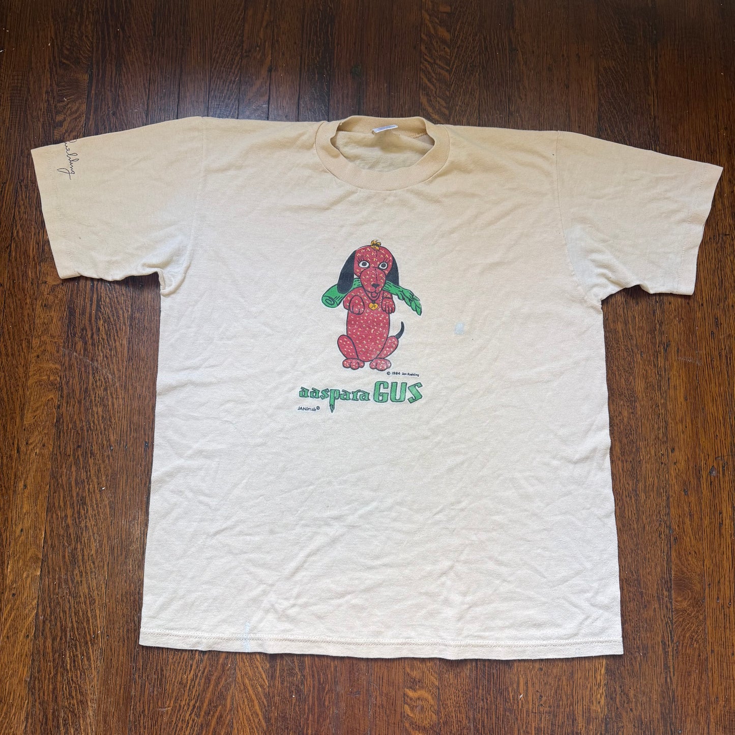 1980s Janimals Asparagus Dog T-Shirt, Jan Ruehling, Tan