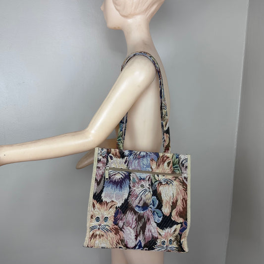 1990s/Y2K Cat Tapestry Tote Bag Purse, Jade