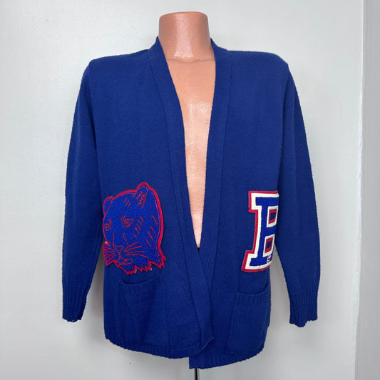 1970s Blue Cardigan with Bartlett Panthers Varsity Patches, Sears Size XL