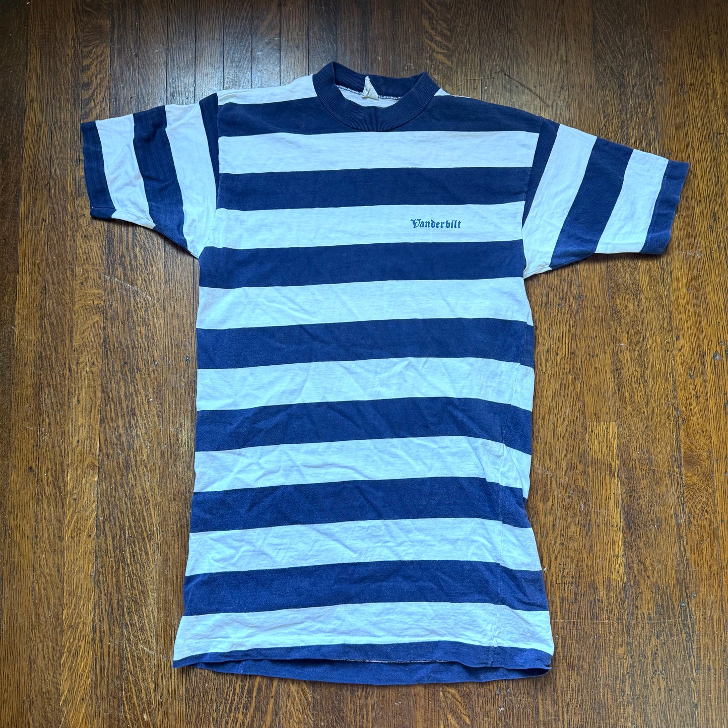 1960s Striped Vanderbilt University T-Shirt, Champion Products Size S/M, Wide Navy Blue and White Stripes