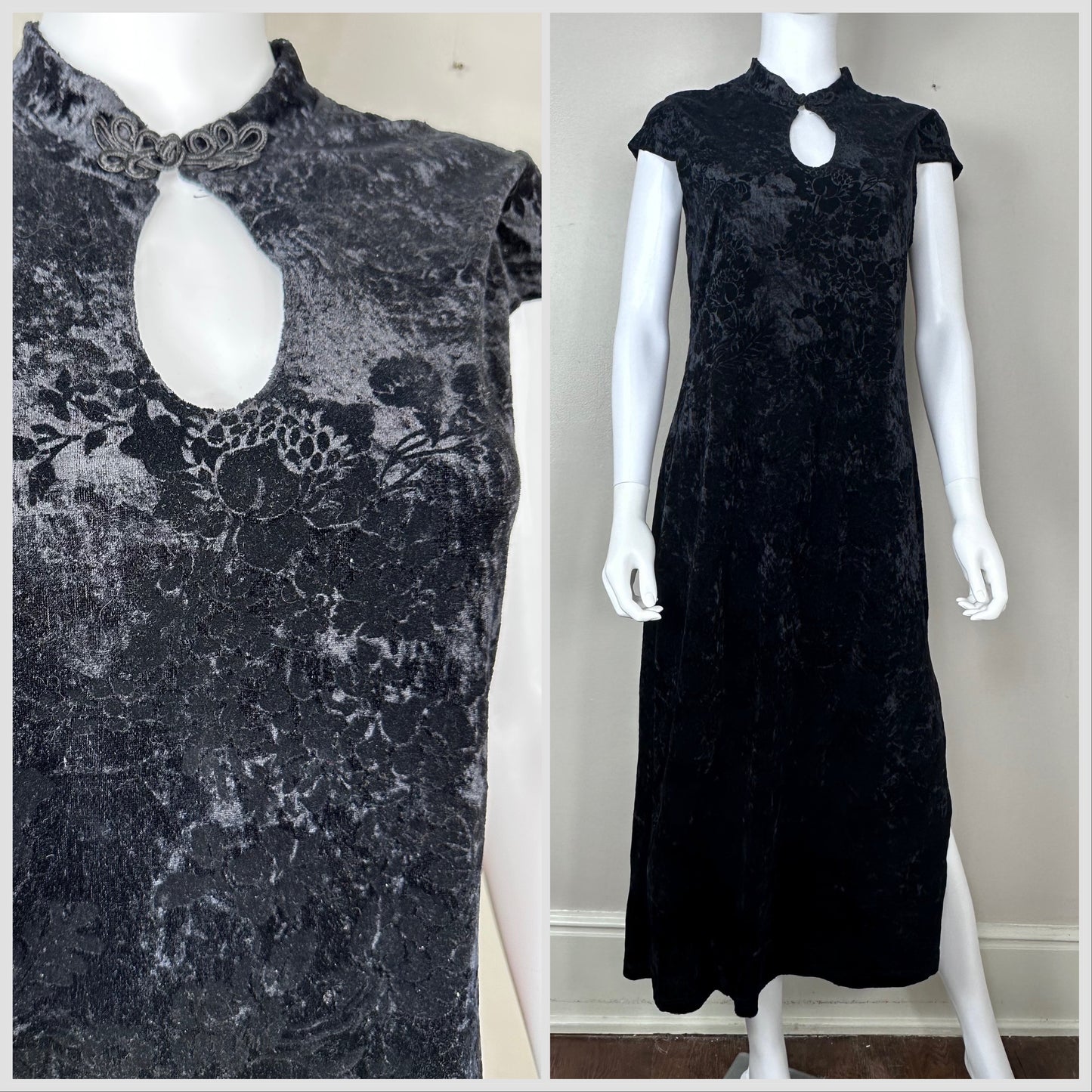 1990s Floral Black Velvet Maxi Dress, onn'est pas des ANGES! Size Medium, Asian Inspired