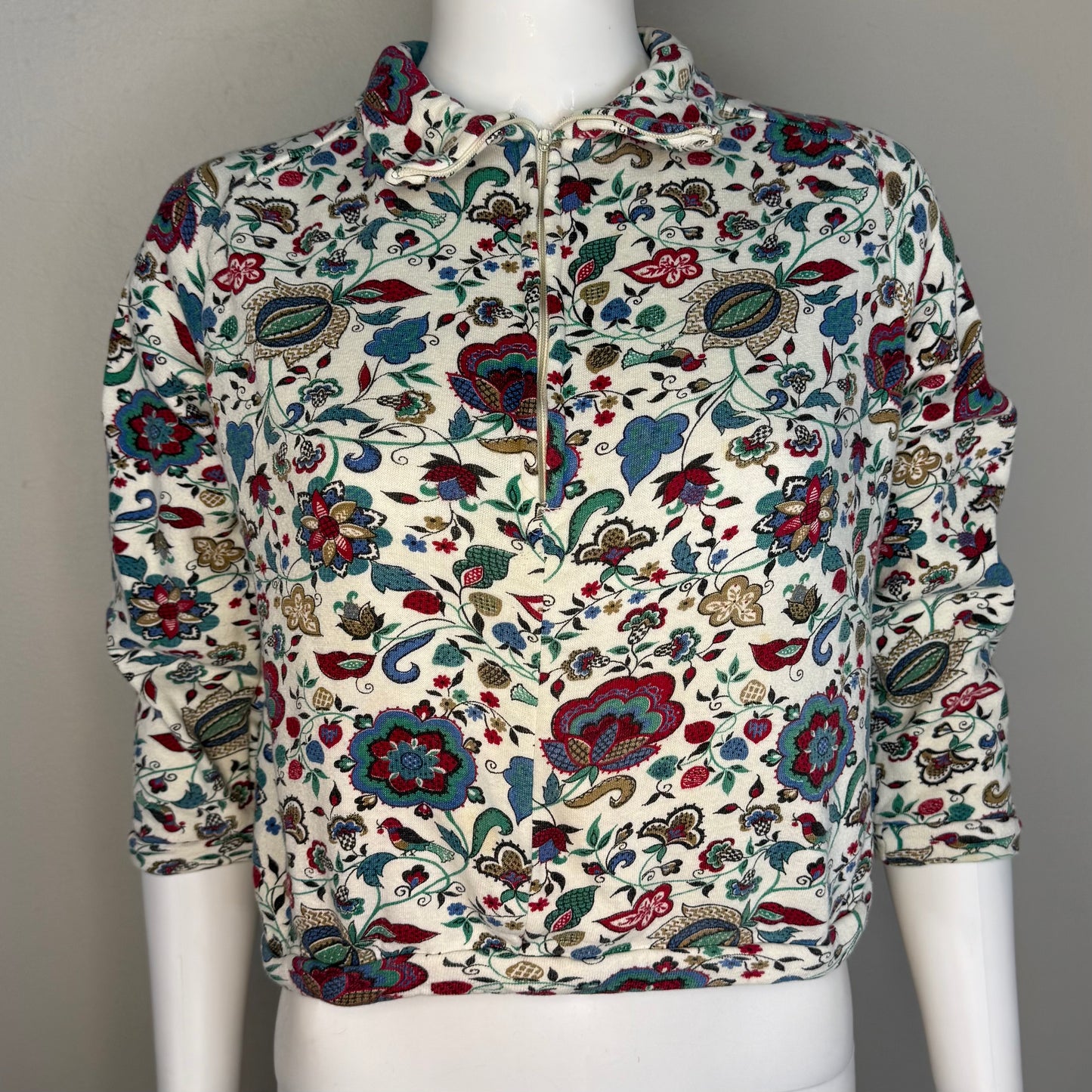 1960s Girls’ Floral Print Sweatshirt, Half Zip, Karinda of California Size 8