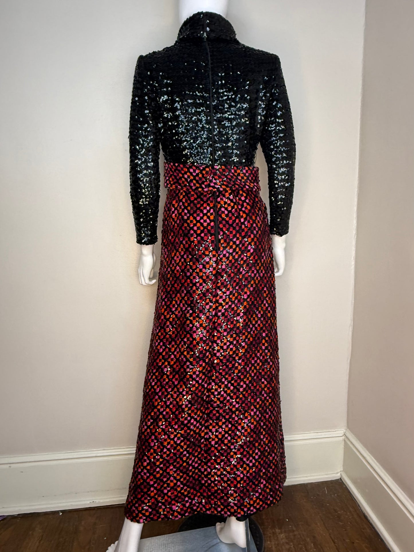 1970s Sequin Maxi Dress, Calderon Size X-Small, Black and Red Orange and Pink Check
