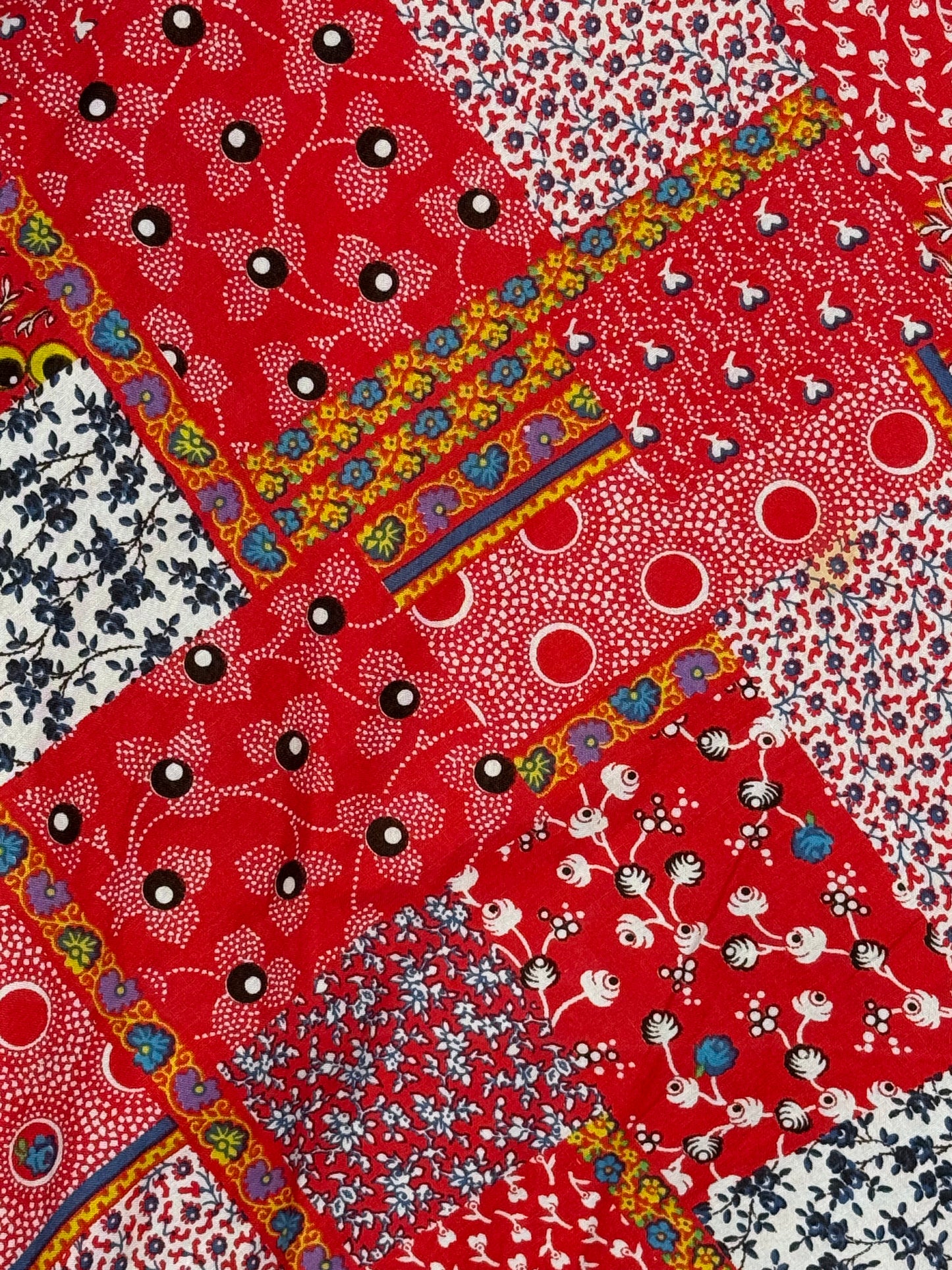 1970s Red Patchwork Print Wrap Skirt, Runky Size XS, Floral and Polka Dot