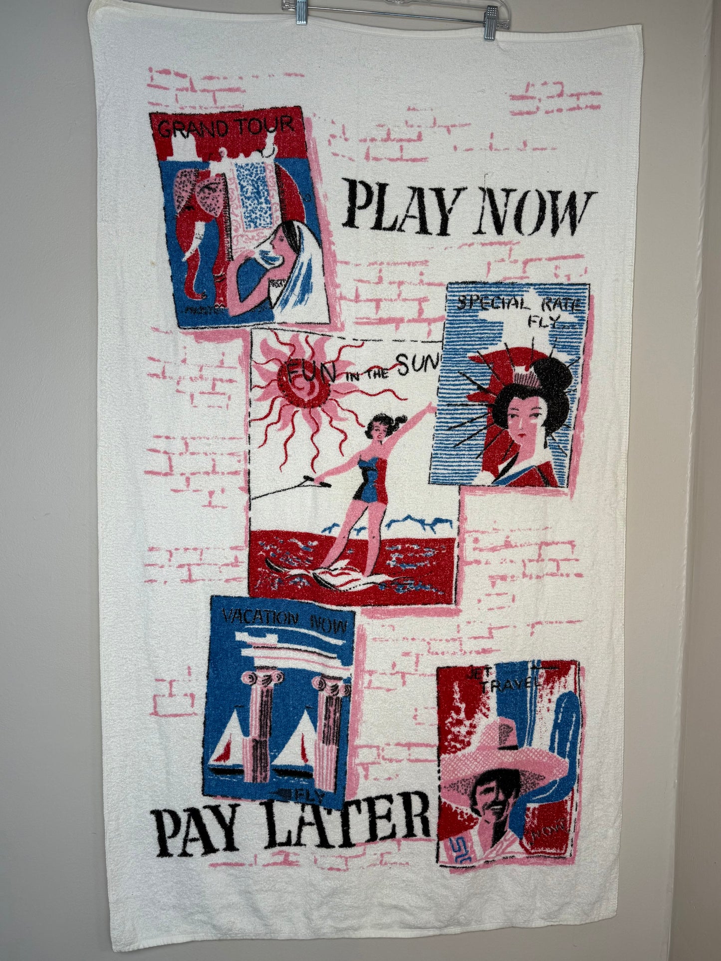 1960s Kitsch Novelty Beach Towel, Pool, Play Now Pay Later