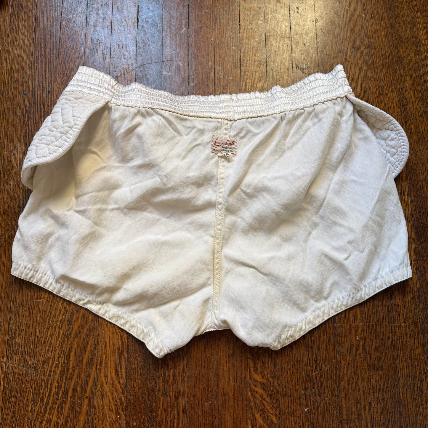 1940s White and Blue Satin Athletic Shorts, Belt, Padded Hips, Lawson Cavette Sporting Goods, Basketball? Boxing?