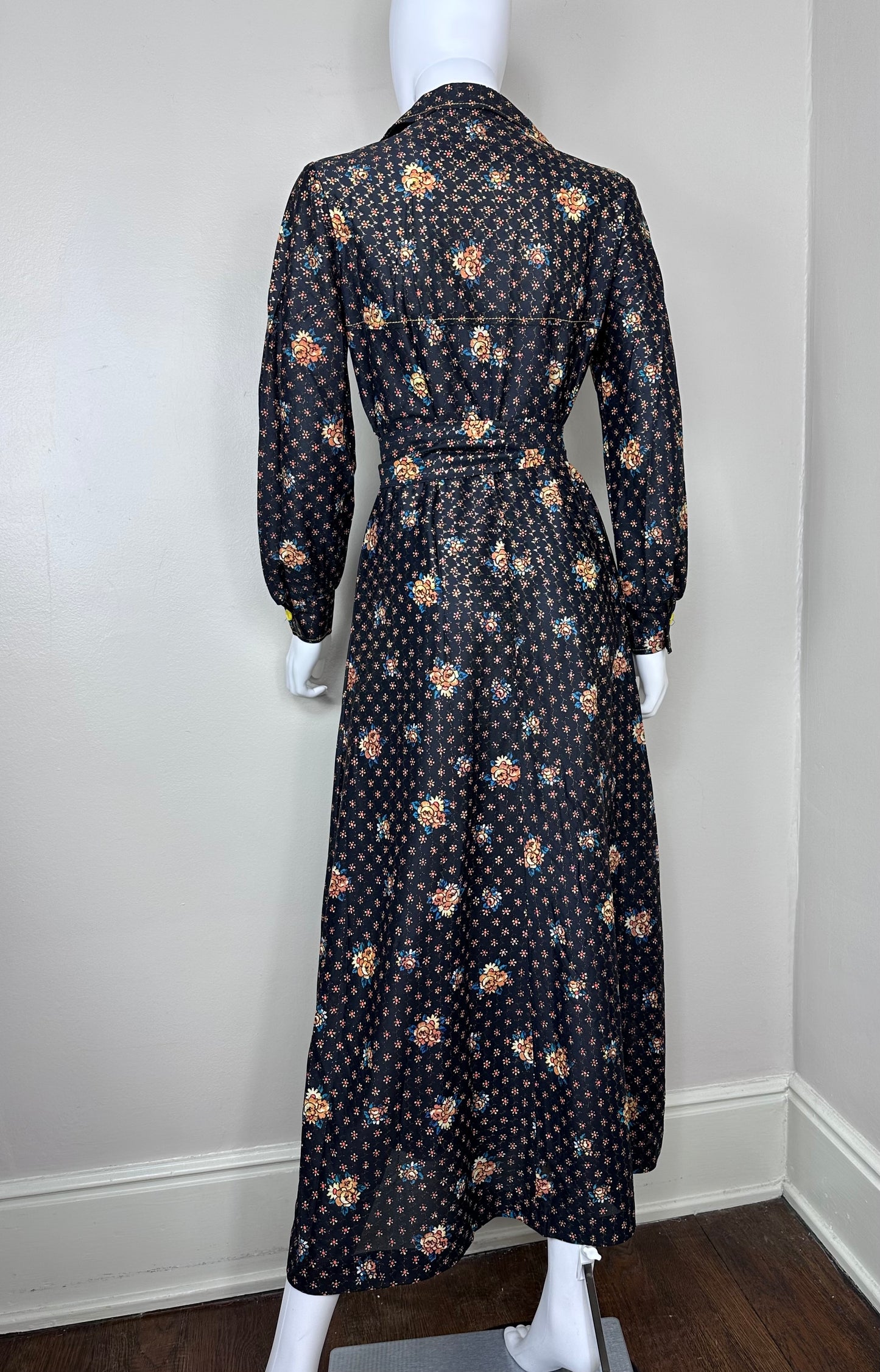 1970s Black Floral Maxi with Gold Lurex Thread, Nancy Valentine Size Medium