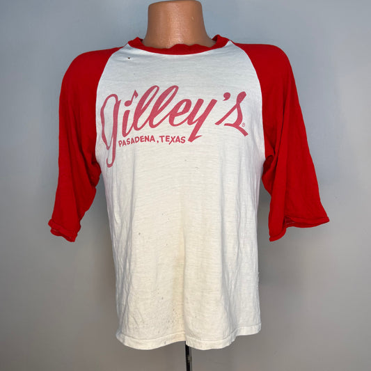 1970s/80s Gilley’s T-Shirt, Pasadena Texas, Baseball Tee, Red Raglan Sleeves, Vogel Mills & Mfg Size Medium, Urban Cowboy, Distressed