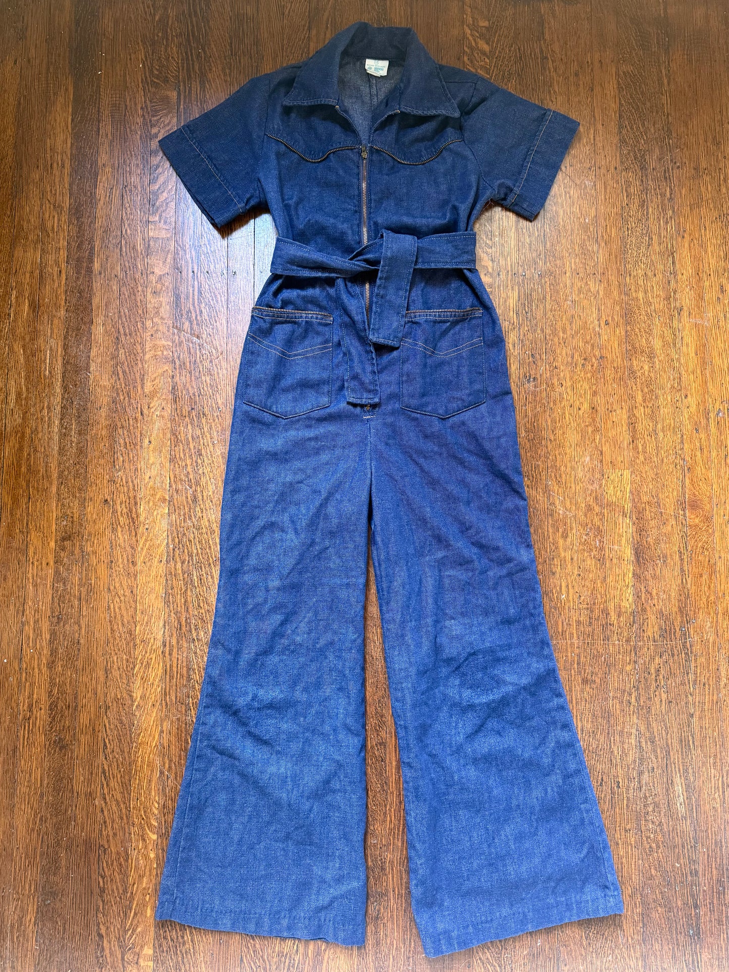 1970s Girl’s Denim Bellbottom Jumpsuit, Sears Growing Girl 10/12, Zip up with Zipper Trim