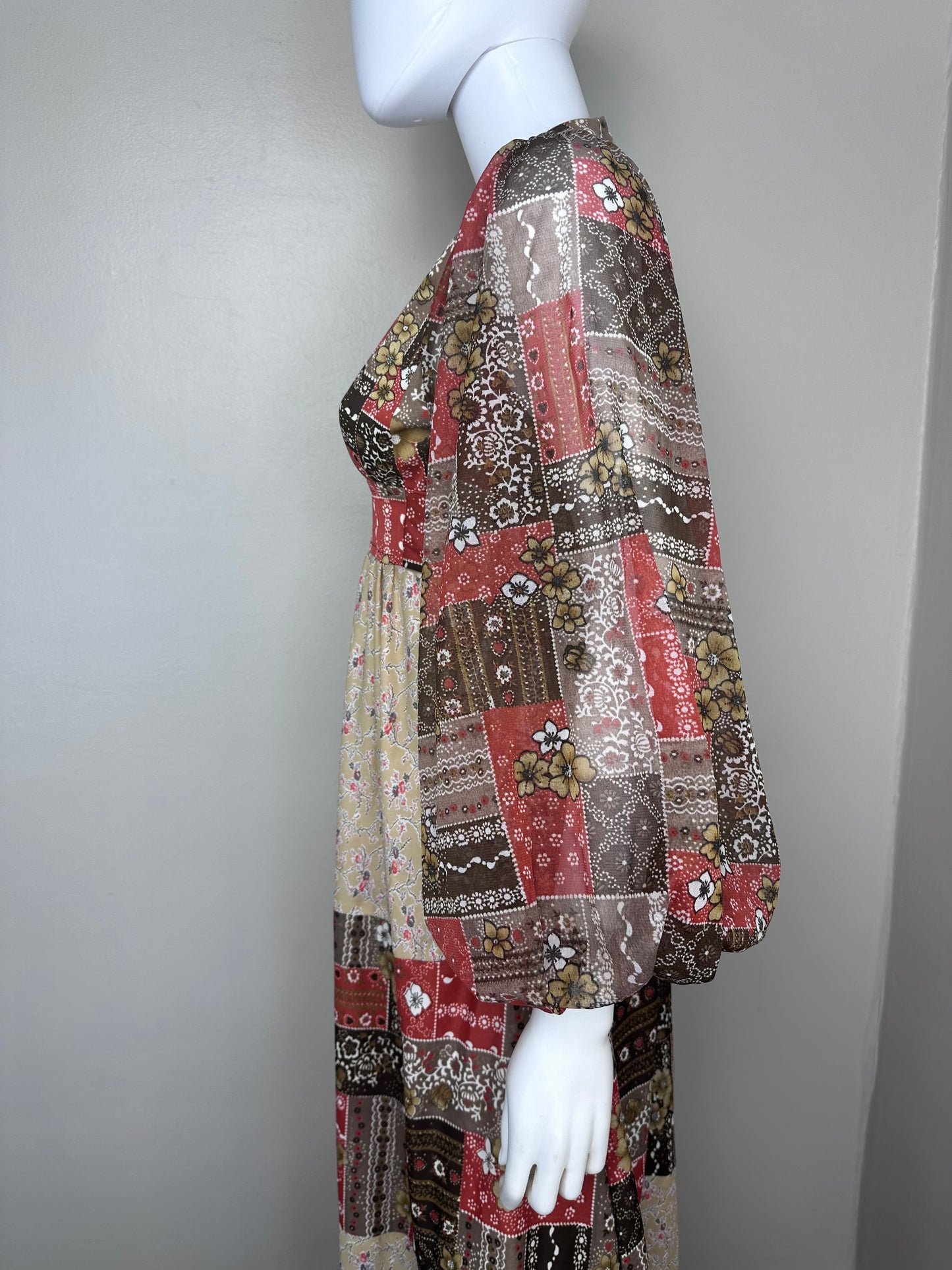 1970s Patchwork Print Boho Maxi Dress, Size XS, Sheer Balloon Sleeves