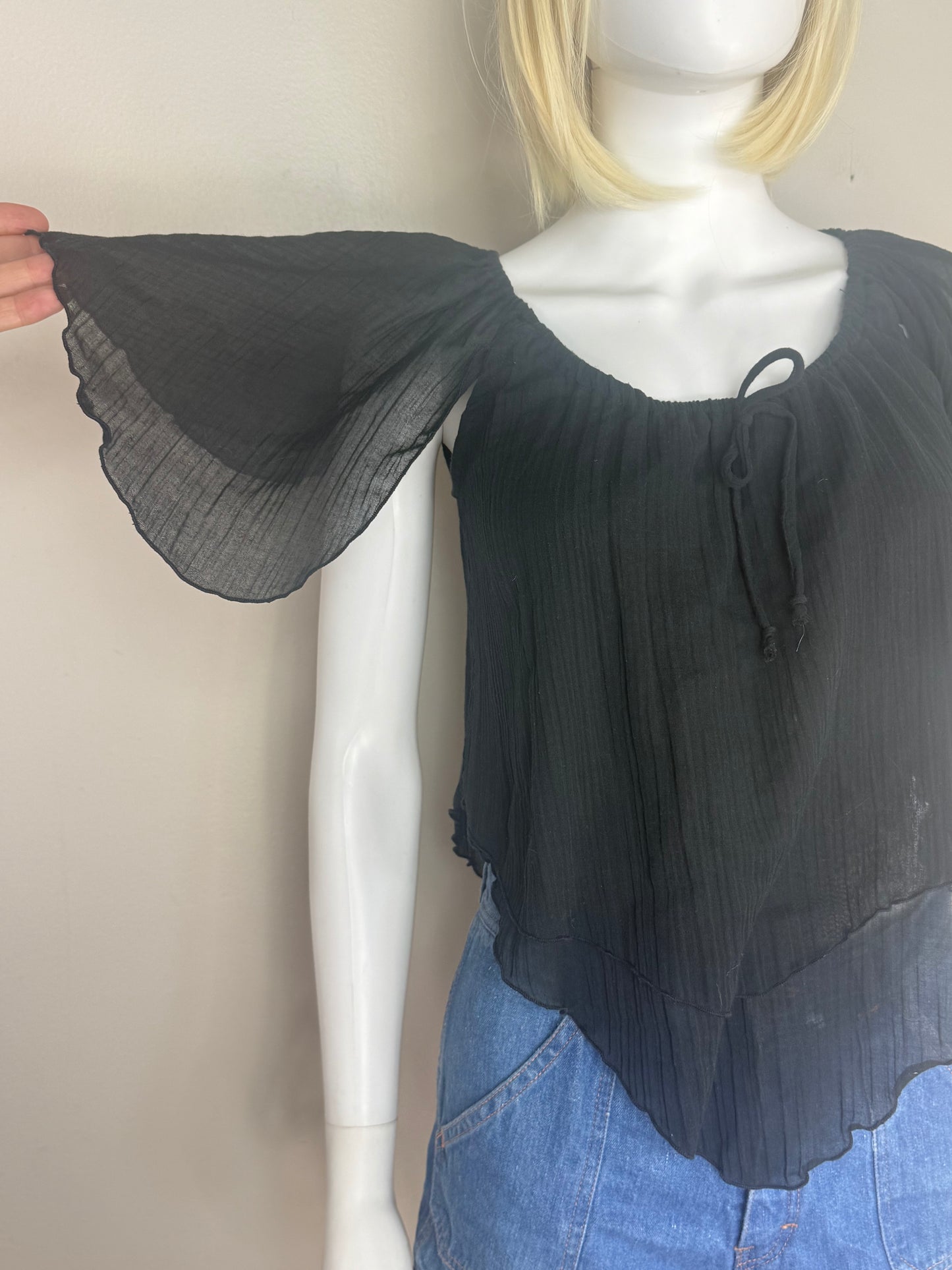 1970s Sheer Black Boho Top, Byer California Size Medium, Handkerchief Hem