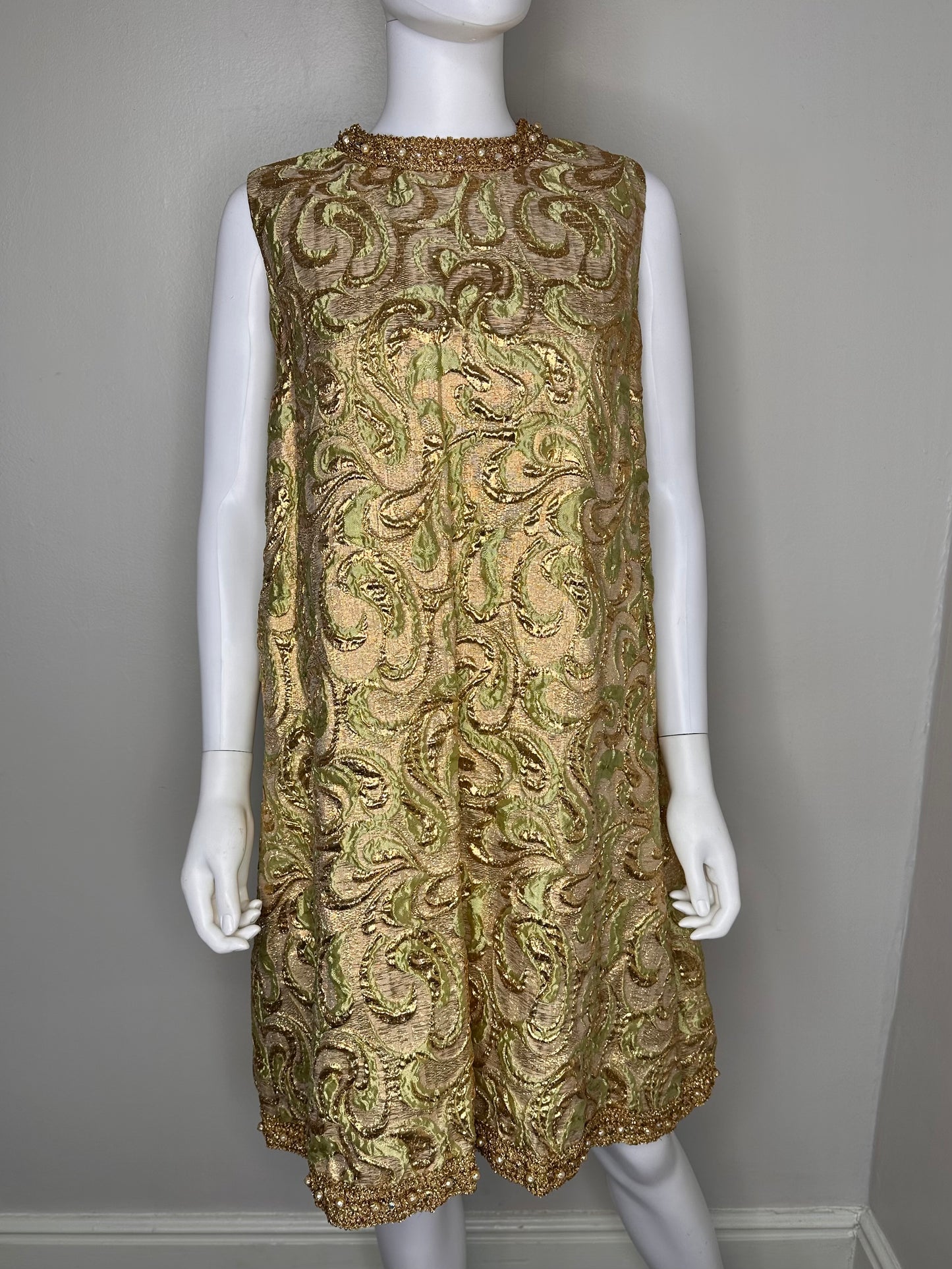 1960s Gold Brocade A Line Cocktail Dress, Handmade Size Medium